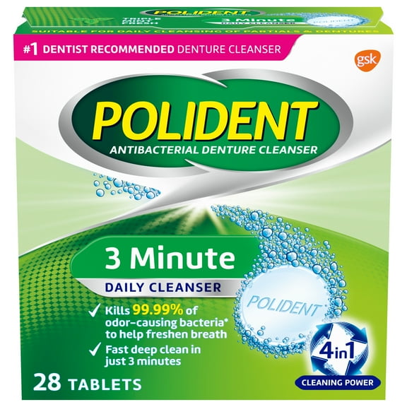 Polident 3 Minute Denture Cleanser Tablets - 28 Count, for Adults