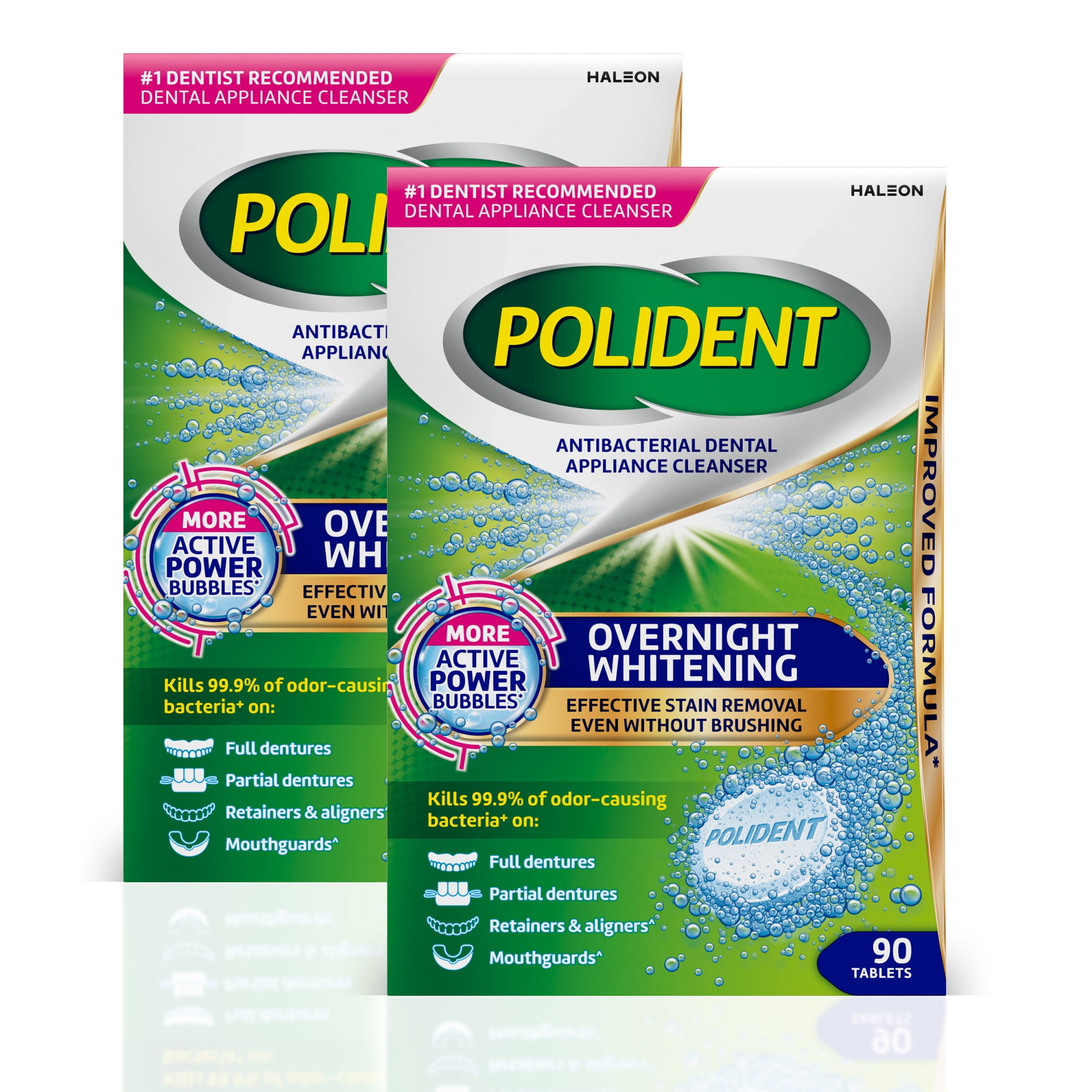Polident Overnight Whitening Antibacterial Dental Appliance Cleanser Tablets, Mouthguard Cleaning Tablets, 90 Count (2 Pack)