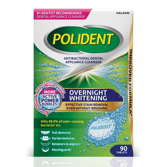 Polident Overnight Whitening Antibacterial Dental Appliance Cleanser Tablets, Mouthguard Cleaning Tablets, 90 Count