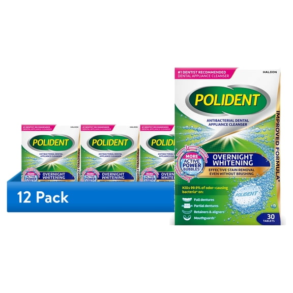 (12 pack) Polident Overnight Whitening Antibacterial Dental Appliance Cleanser Tablets, Mouthguard Cleaning Tablets, 30 Count