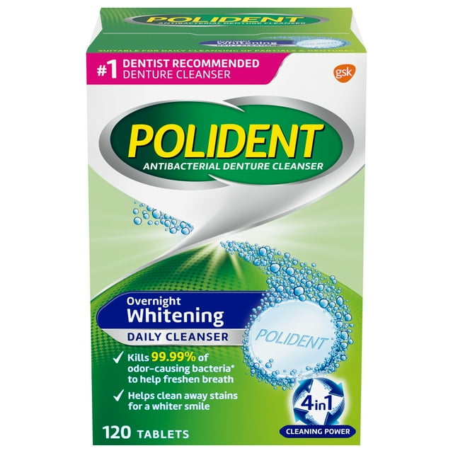 Polident Overnight Whitening Denture Cleanser Tablets - 120 Count, for Adults