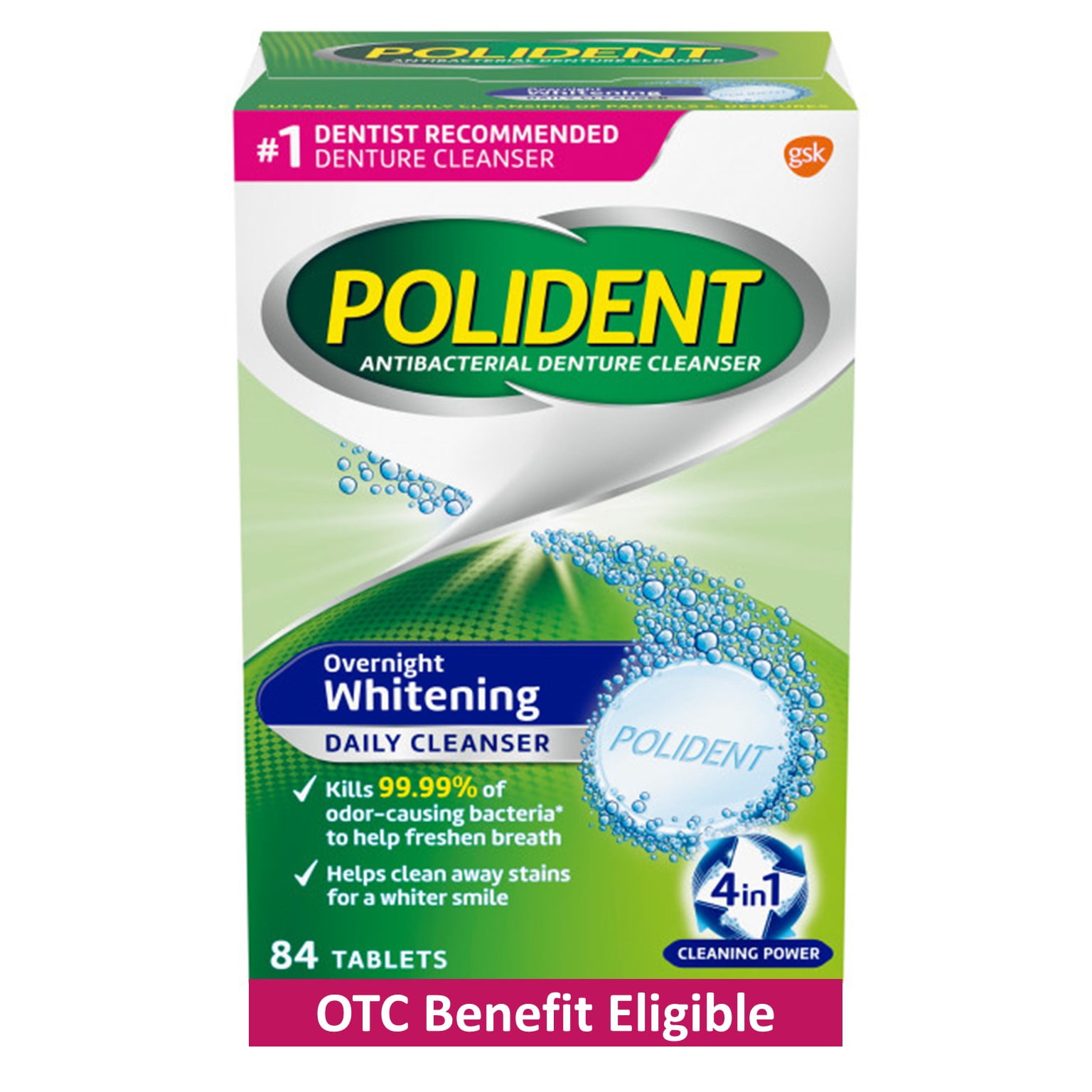 Polident Overnight Whitening Denture Cleanser Tablets - 84 Count, for Adults