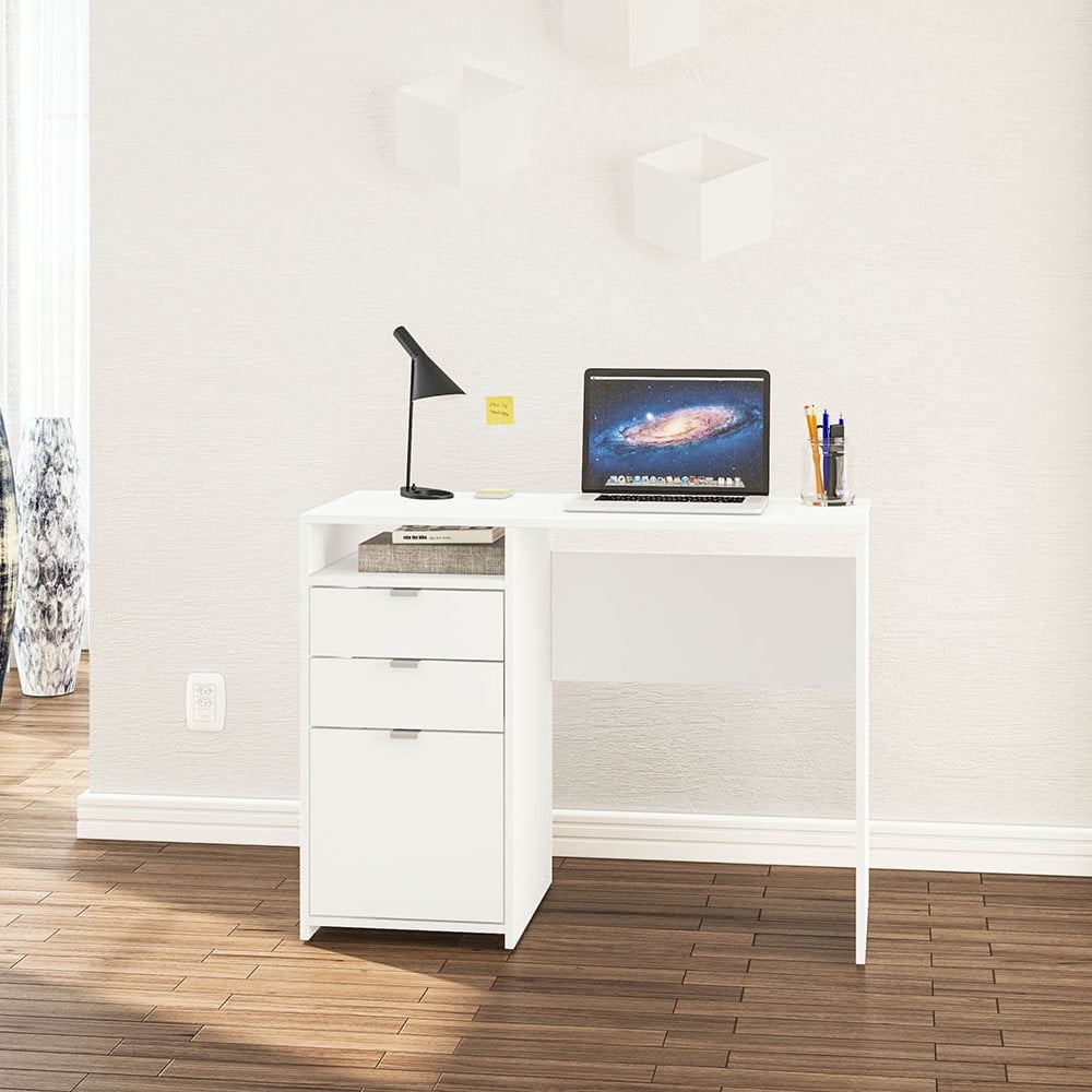 White Compact Writing Desk with Drawers and Shelf