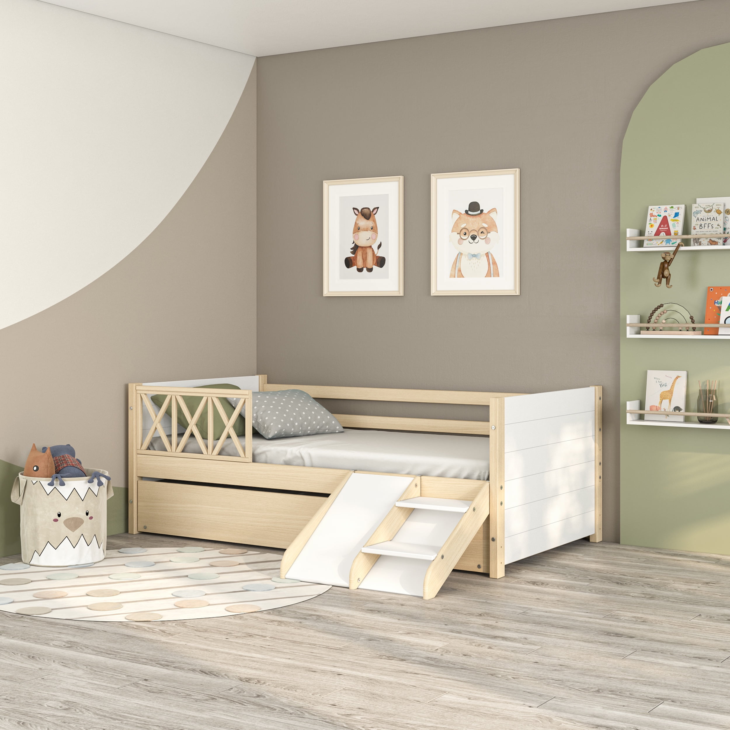 Polifurniture Cozy Kids Twin Size Wood Daybed with Trundle and Mini Slide