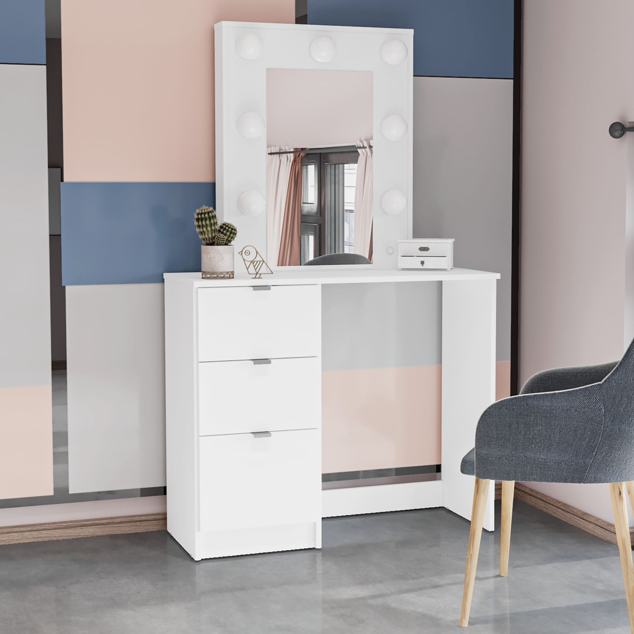 Daisy White Engineered Wood Makeup Vanity Table with Lighted Mirror