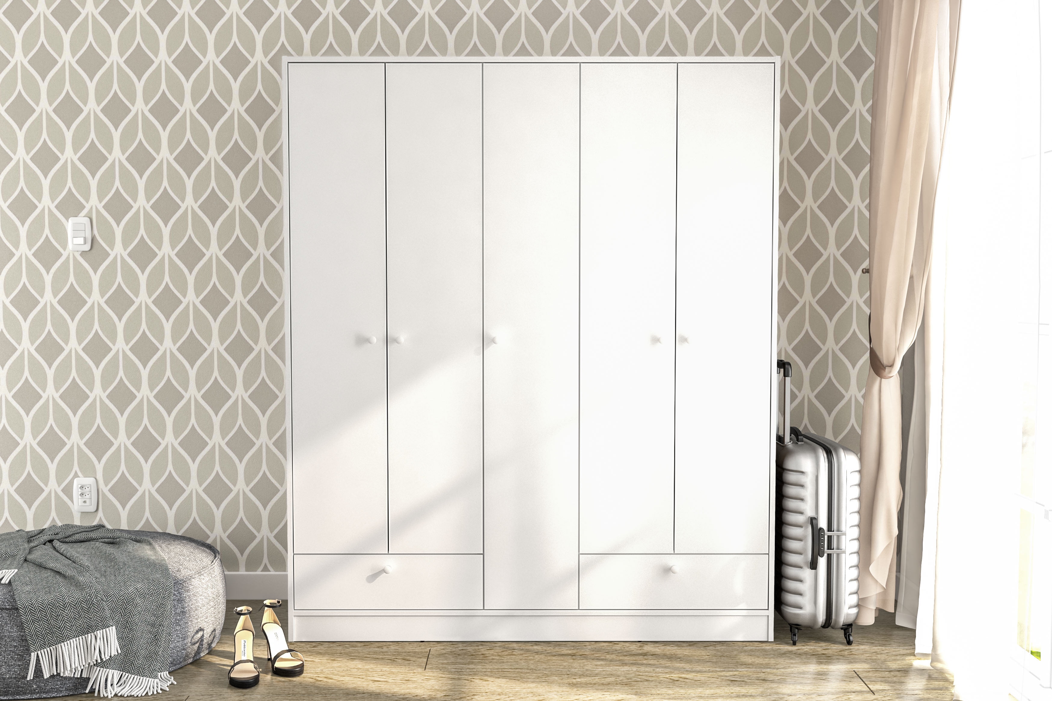 Polifurniture Denmark 5 Door Wood Bedroom Armoire with Drawers, White