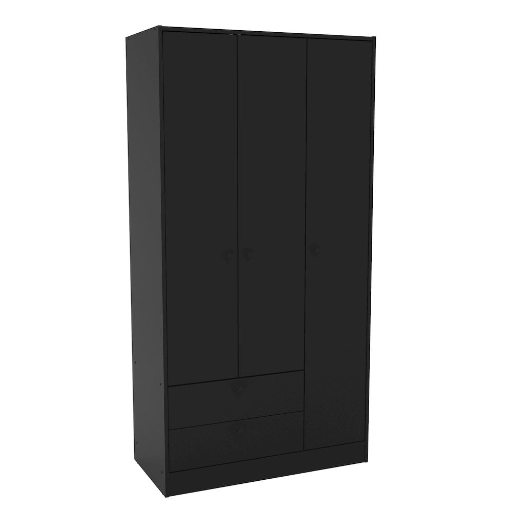 Polifurniture Denmark 71 in. 3 Door Modern Bedroom Armoire with 2 Drawers, Shelves and Hanging Rod, Black Wood