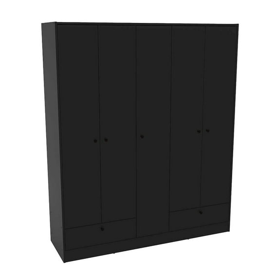 Polifurniture Denmark 71 in. 5 Door Adult Armoire with 2 Drawers, Shelves & 2 Hanging Rods, Black Wood