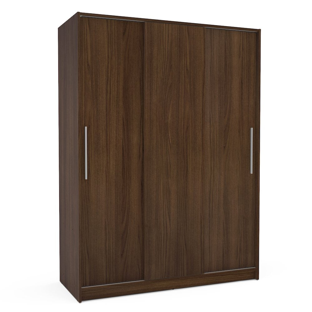 Polifurniture Denmark 71 in. Modern Bedroom Armoire with 3 Sliding Doors, 2 Drawers, Shelves & Hanging Rod, Walnut