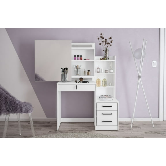 Polifurniture Hannah Modern Makeup Vanity with Sliding Mirror, White Finish
