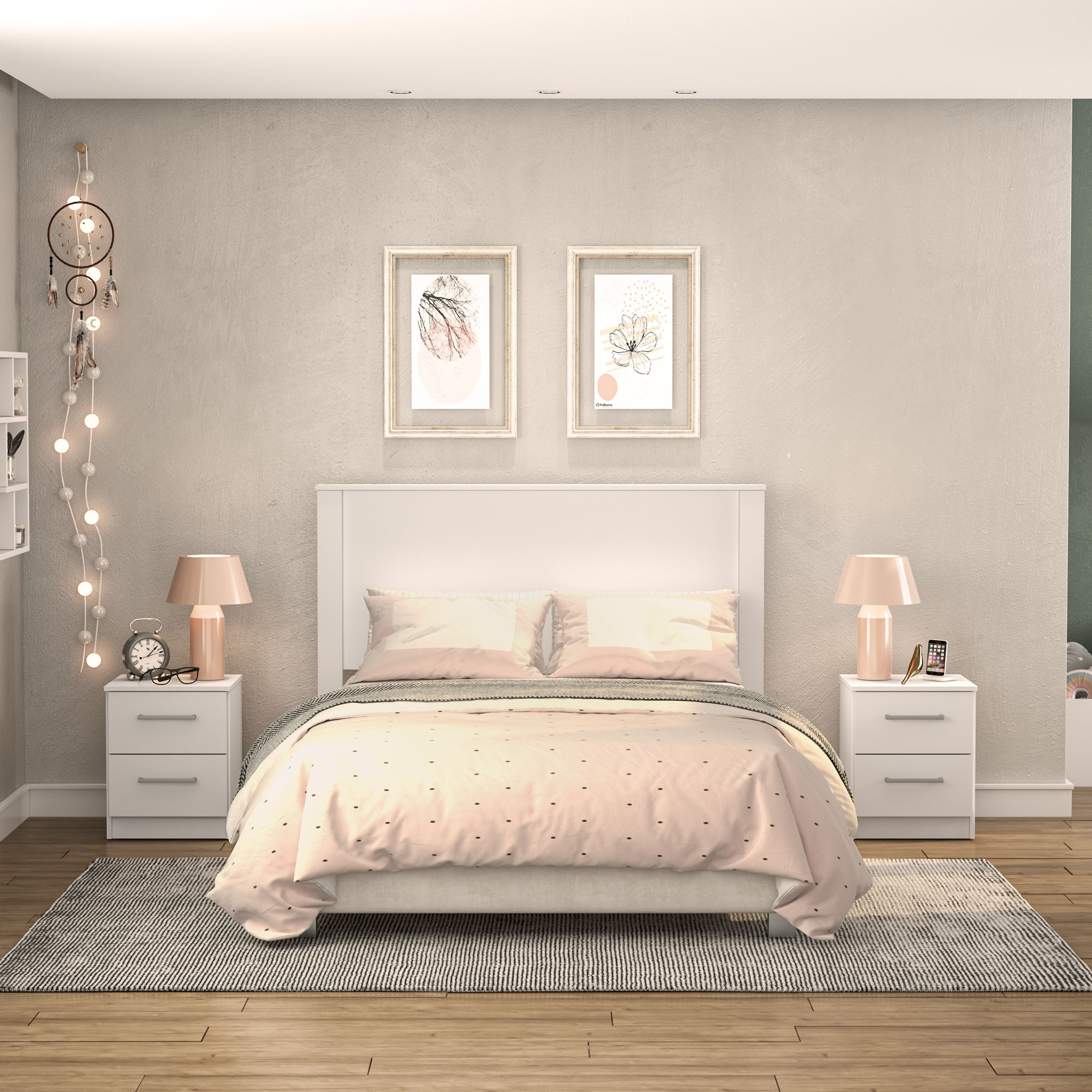 Polifurniture Juliette 3 Piece Bedroom Set with 2 Nightstands White - Full