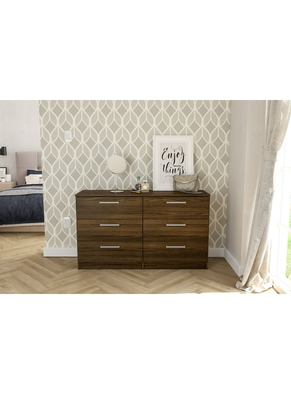 Polifurniture Juliette Modern 6 Drawer Wood Double Dresser with Metal Handles, Walnut
