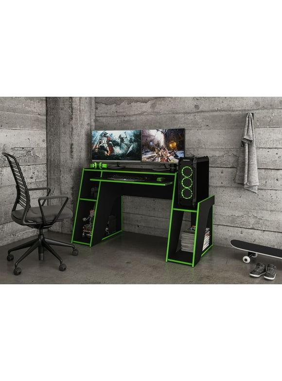 Polifurniture Kyoto 57.5 in.  Gaming Computer Desk with Keyboard Tray and Shelves,  Green and Black