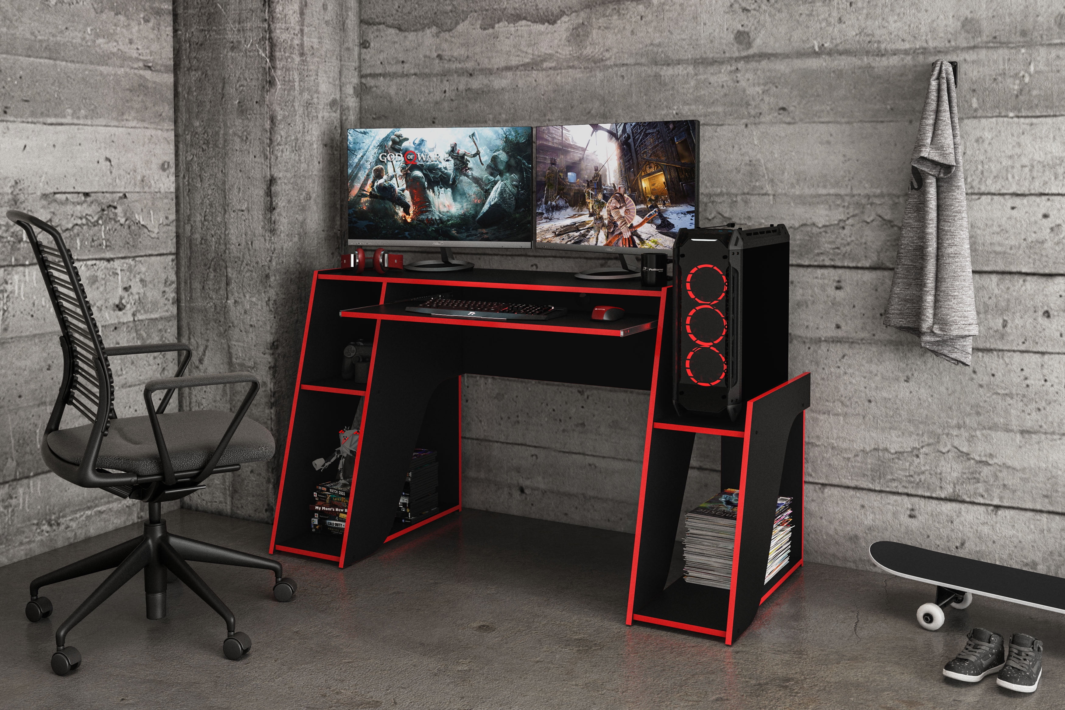 Kyoto Black and Red Gaming Desk with Keyboard Tray