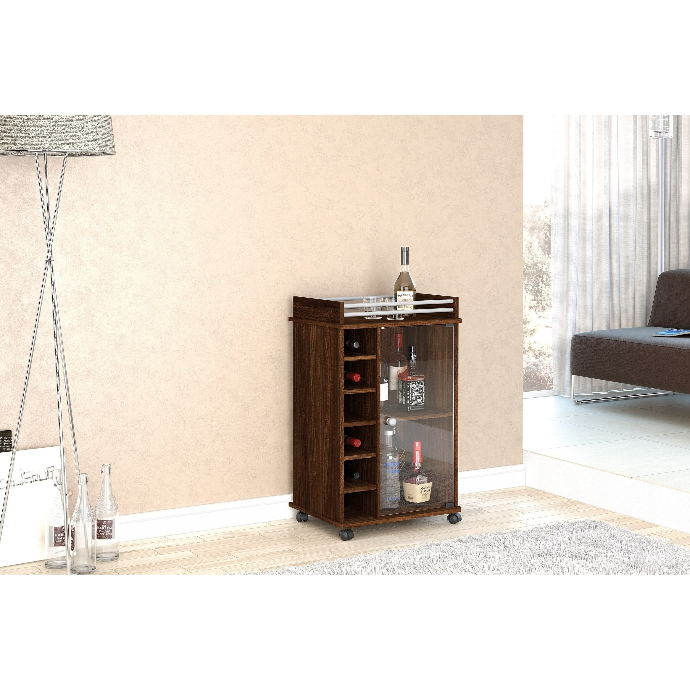 Polifurniture Laguna Portable Bar with Glass Door, Walnut