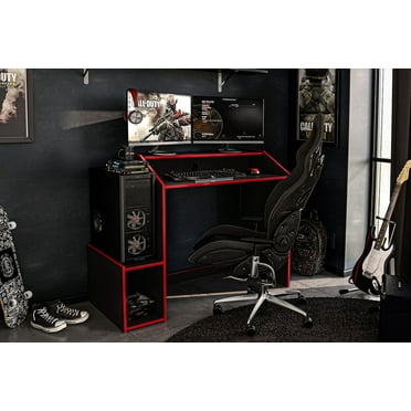 Polifurniture Legend 45.5 in. Computer Gaming Desk with Storage, Black and Red