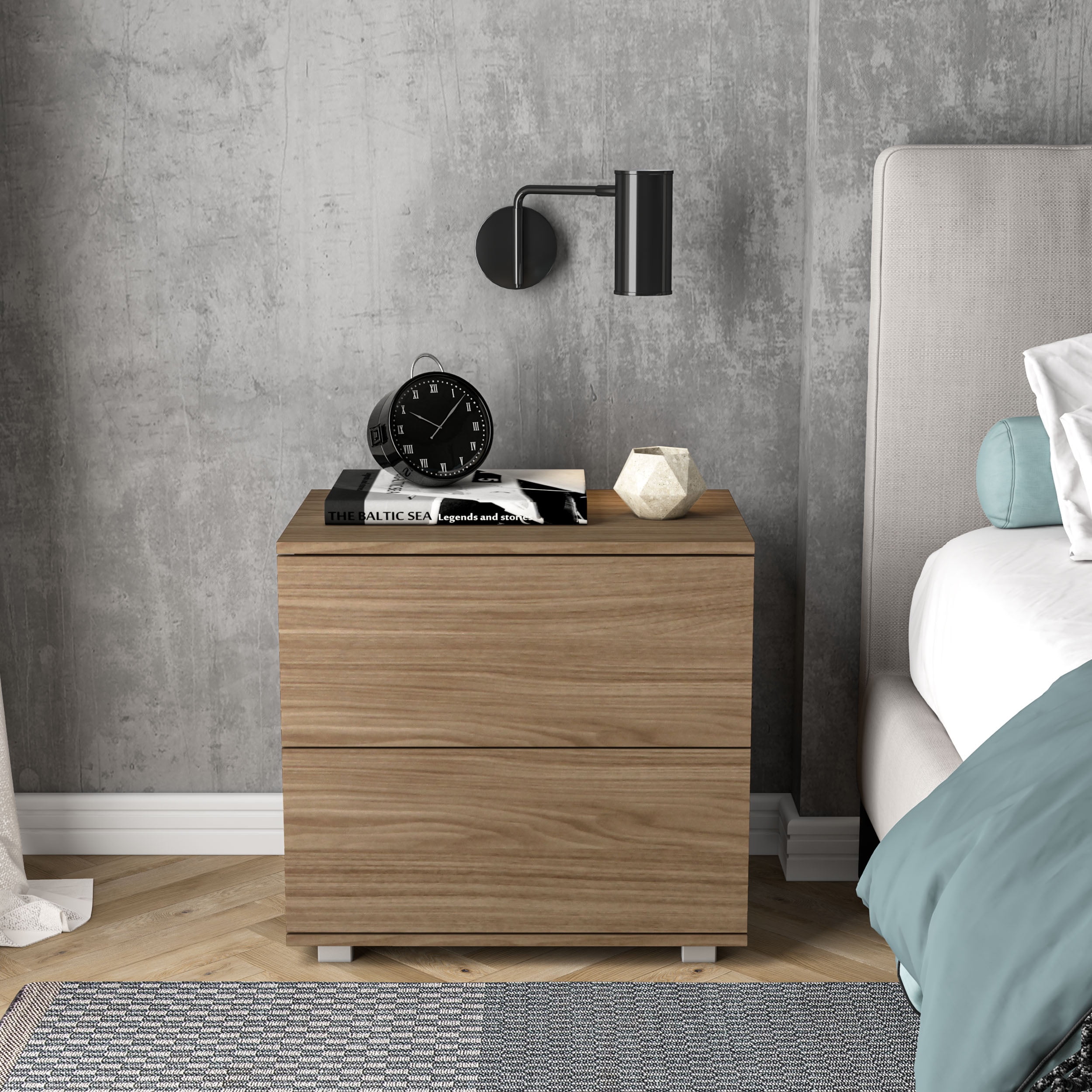 Polifurniture Madison Modern 2 Drawer Nightstand, Light Oak