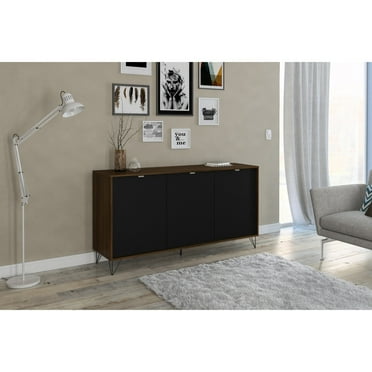 Polifurniture Montreal Modern 59 in. 3 Door Sideboard with 3 Shelves, Black & Walnut