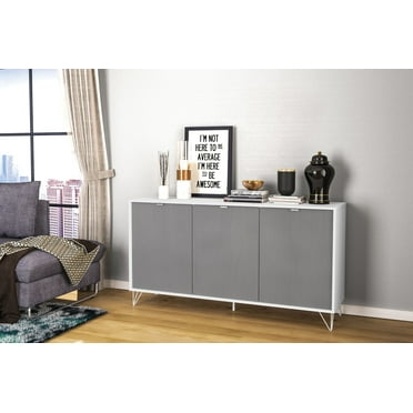 Polifurniture Montreal Modern 59 in. 3 Door Sideboard with 3 Shelves, White & Gray
