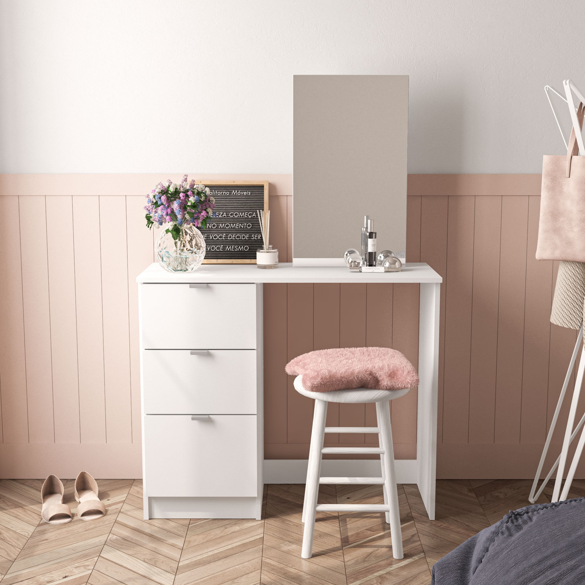 Polifurniture New Minas Modern Makeup Vanity Table White Finish