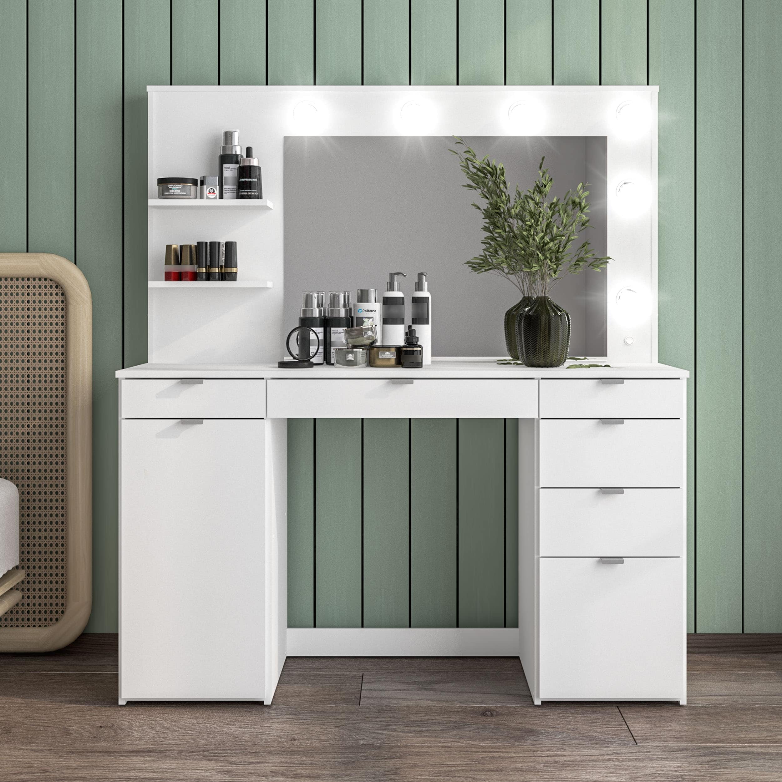Olivia White Engineered Wood Vanity Table with Lighted Mirror