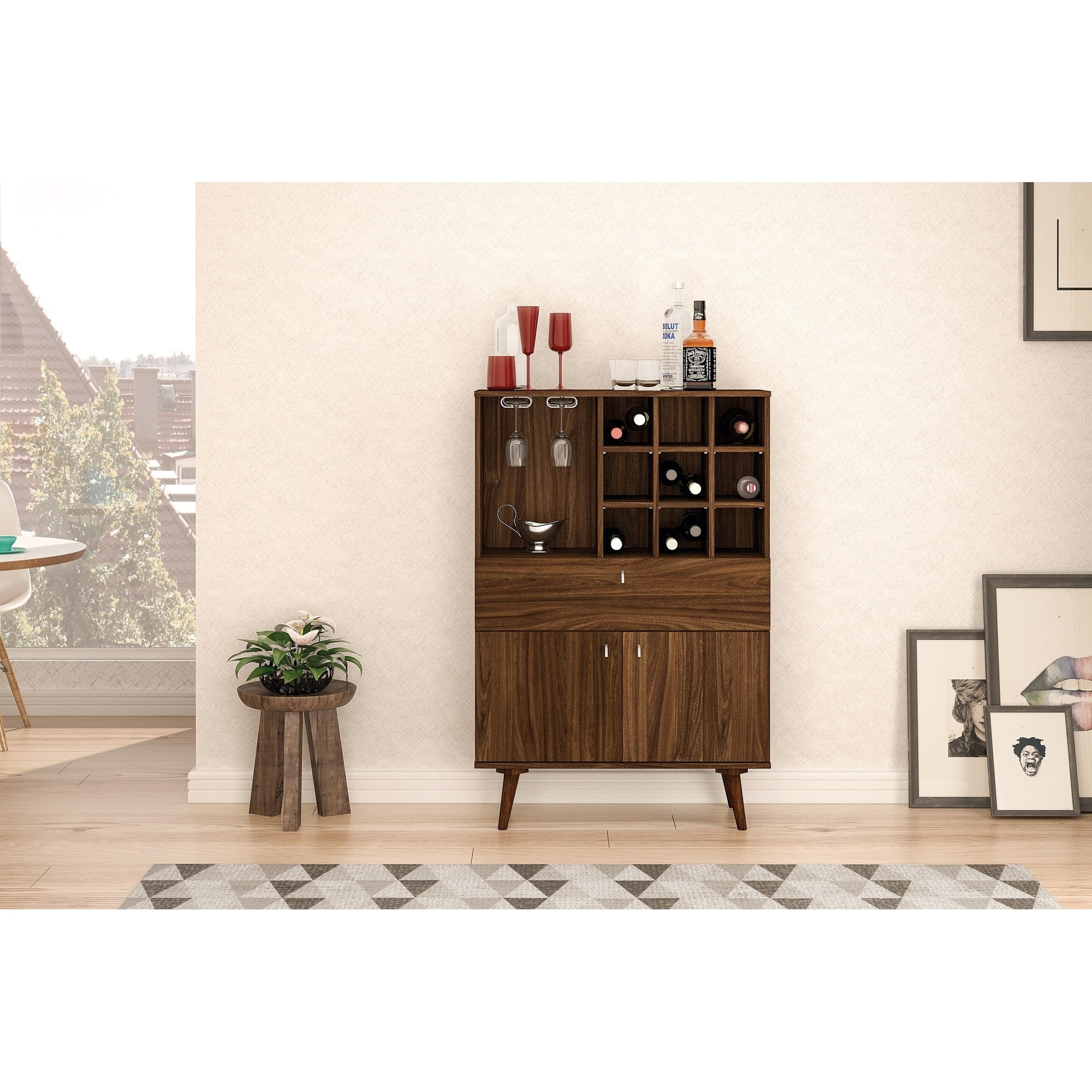 Salamanca Dark Brown Walnut Bar Cabinet with Wine Rack