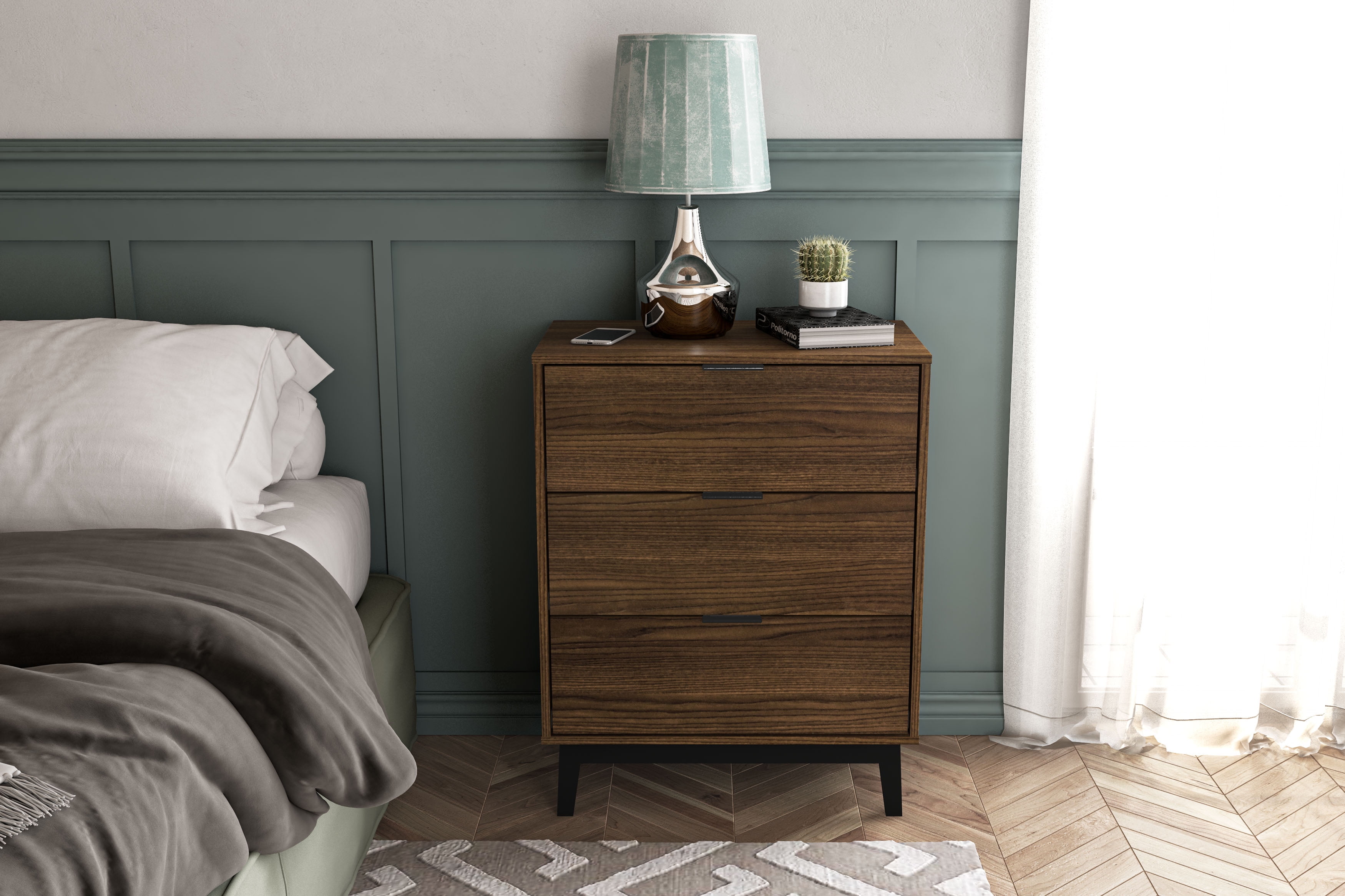 Polifurniture Victoria Modern 3 Drawer Wood Dresser, Walnut
