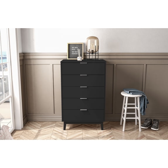 Polifurniture Victoria Modern 5 Drawer Wood Dresser, Black