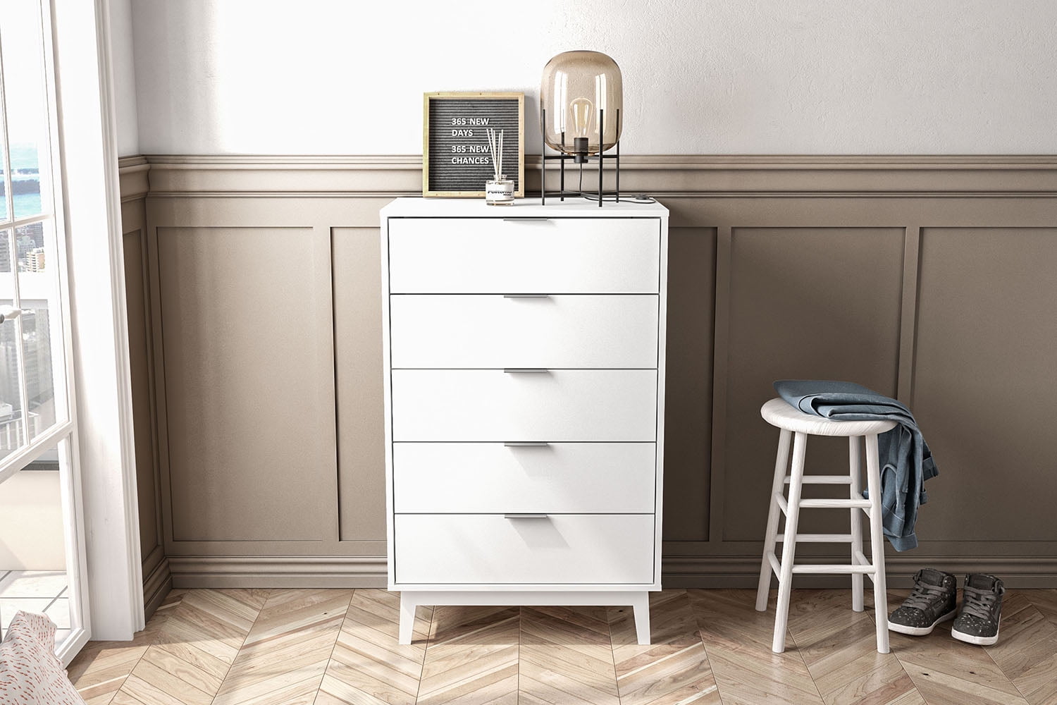 Polifurniture Victoria Modern 5 Drawer Wood Dresser, White