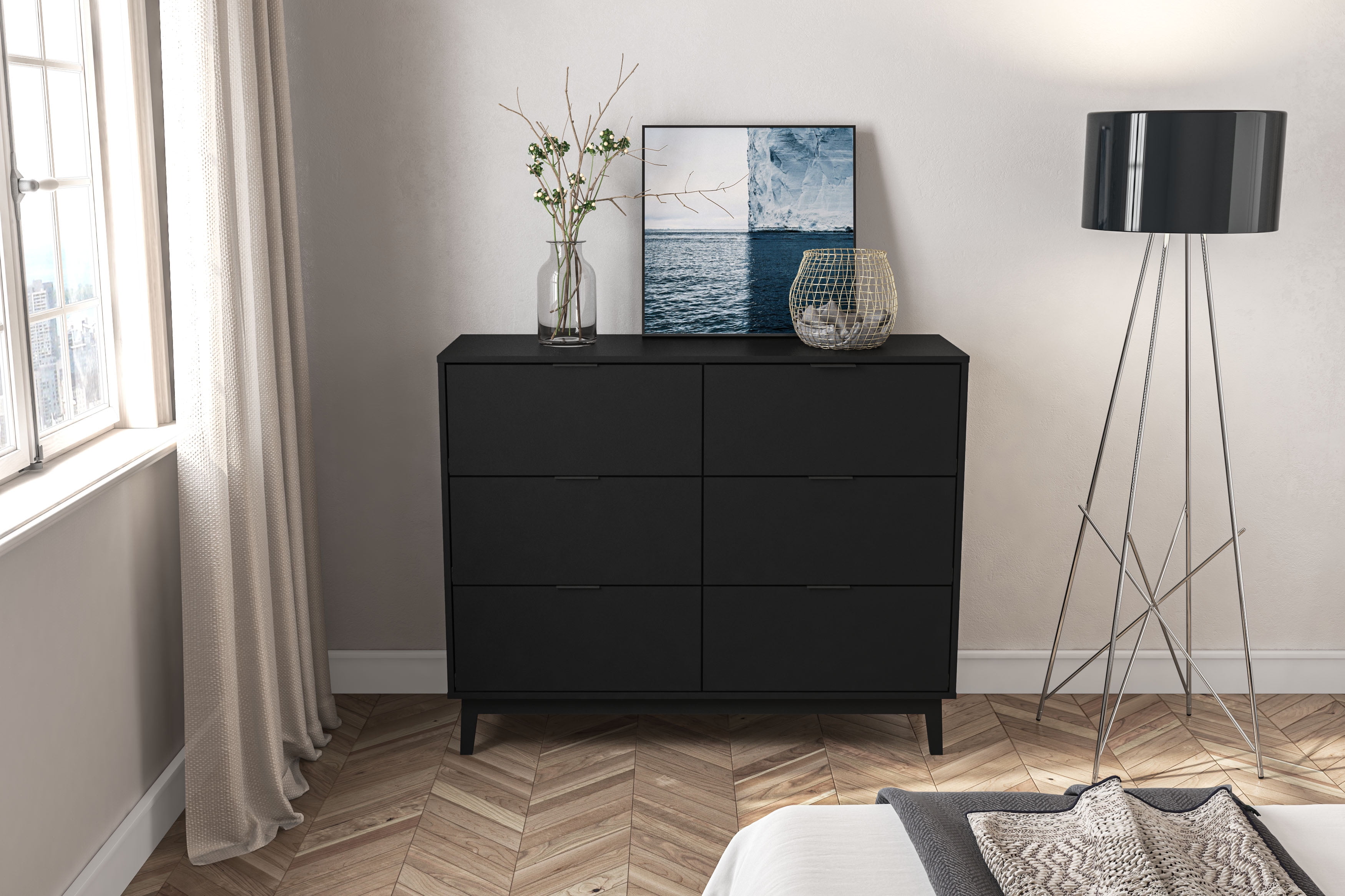 Polifurniture Victoria Modern 6 Drawer Double Dresser, Black