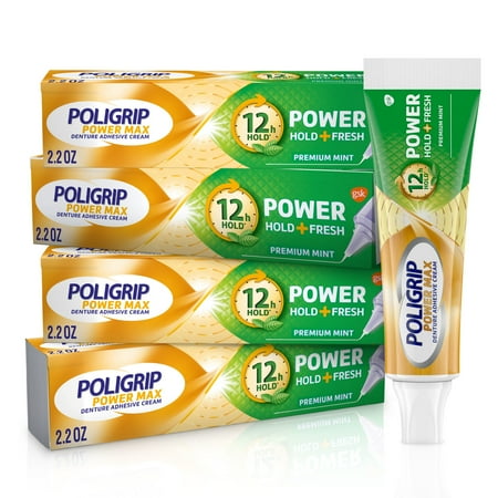 Poligrip Power Hold + Fresh Denture Cream and Adhesive Cream, Premium Peppermint - 2.2 Oz x 4, for Adults