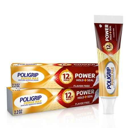 Poligrip Power Hold Plus Seal Denture Cream, Flavor Free - 2.2 oz (2 Pk)