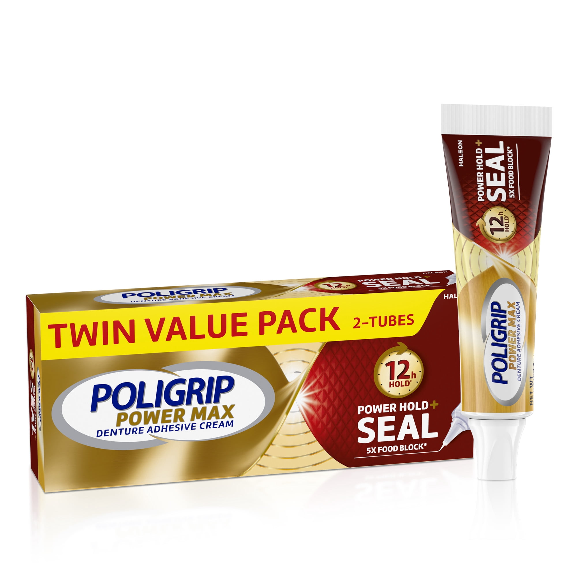 Poligrip Power Hold + Seal Denture Adhesive Cream, Flavor Free - 2.2 Oz (2 Pack)