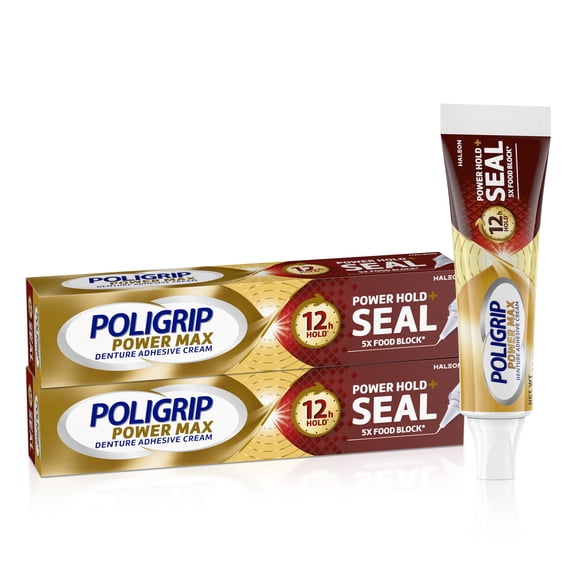 Poligrip Power Hold Plus Seal Denture Adhesive Cream, Flavor Free - 2.2 Oz (2 Pack)