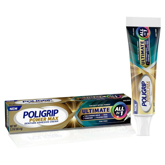 Poligrip Power Max Ultimate All-in-1 Denture Adhesive Cream, Zinc Free, 2.2 oz
