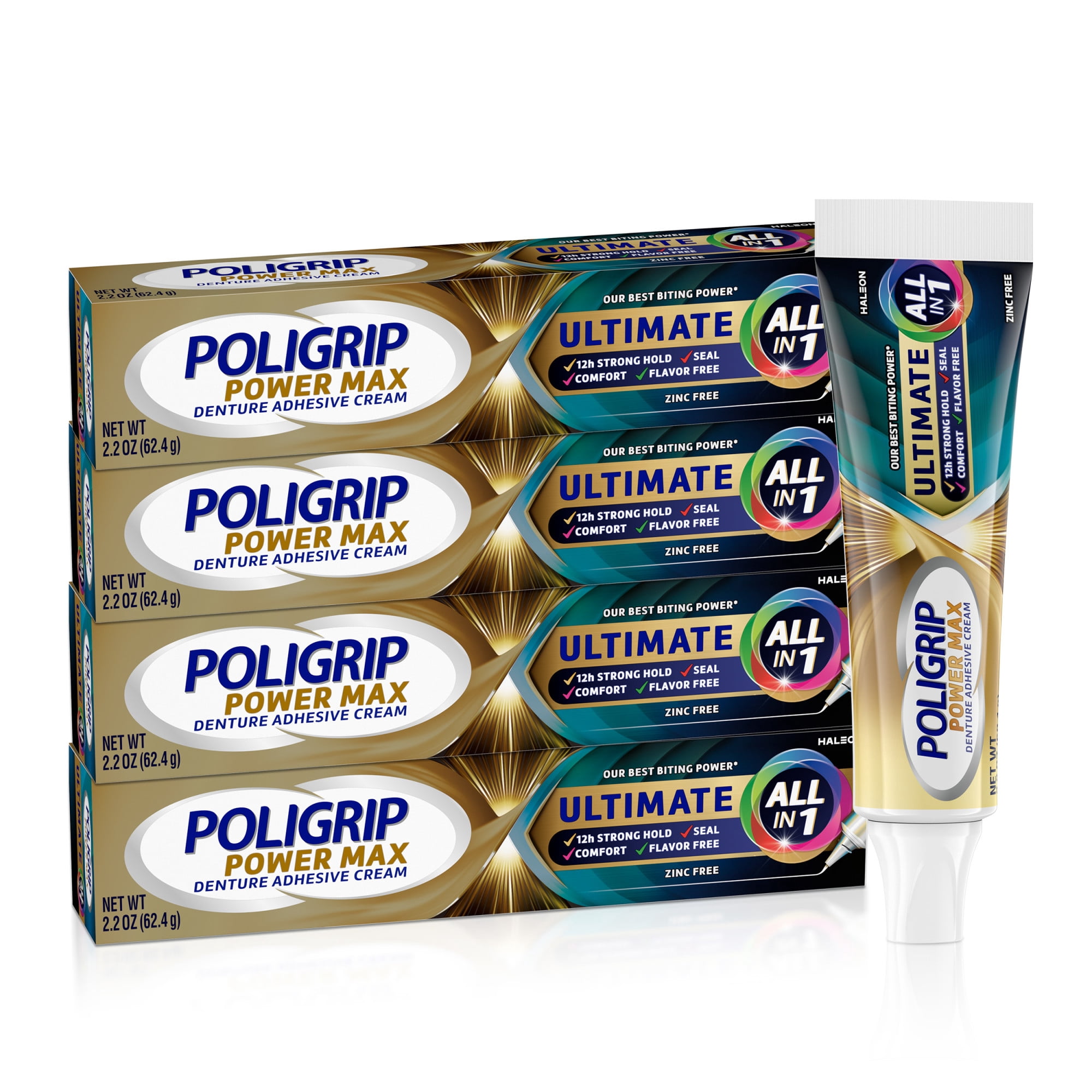 Poligrip Power Max Ultimate All-In-1 Denture Adhesive Cream, Zinc Free, 2.2 Oz (4 Pack)