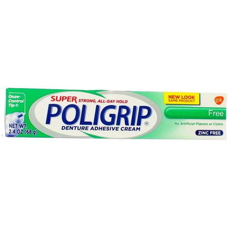 4 Pack - Super Poligrip Denture Adhesive Cream Free Triple Action, Zinc Free 2.4 Oz