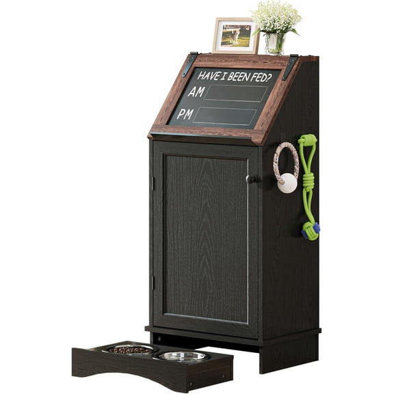 Polihome Dog Feeding Station with Storage, Dog Food Cabinet with 2 Hidden Feeding Bowls, Flip-Top Pet Storage Cabinet, Pet Food Holder, Black Grain