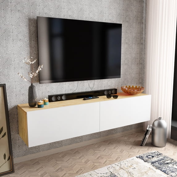 Poling Modern Wood Floating TV Stand for 70" TVs, Oak & White