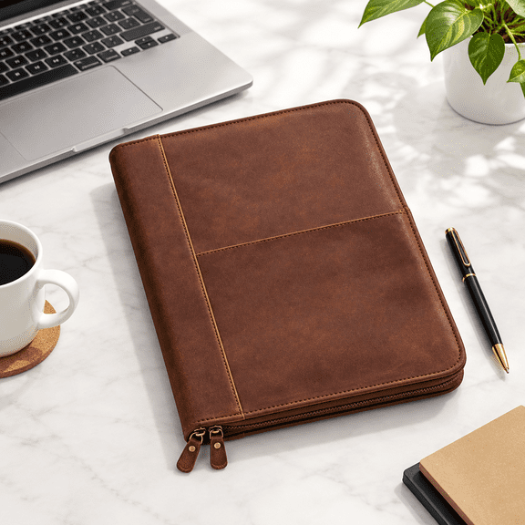 Polish Brown Leather Zipper Padfolio Professional Business Portfolio