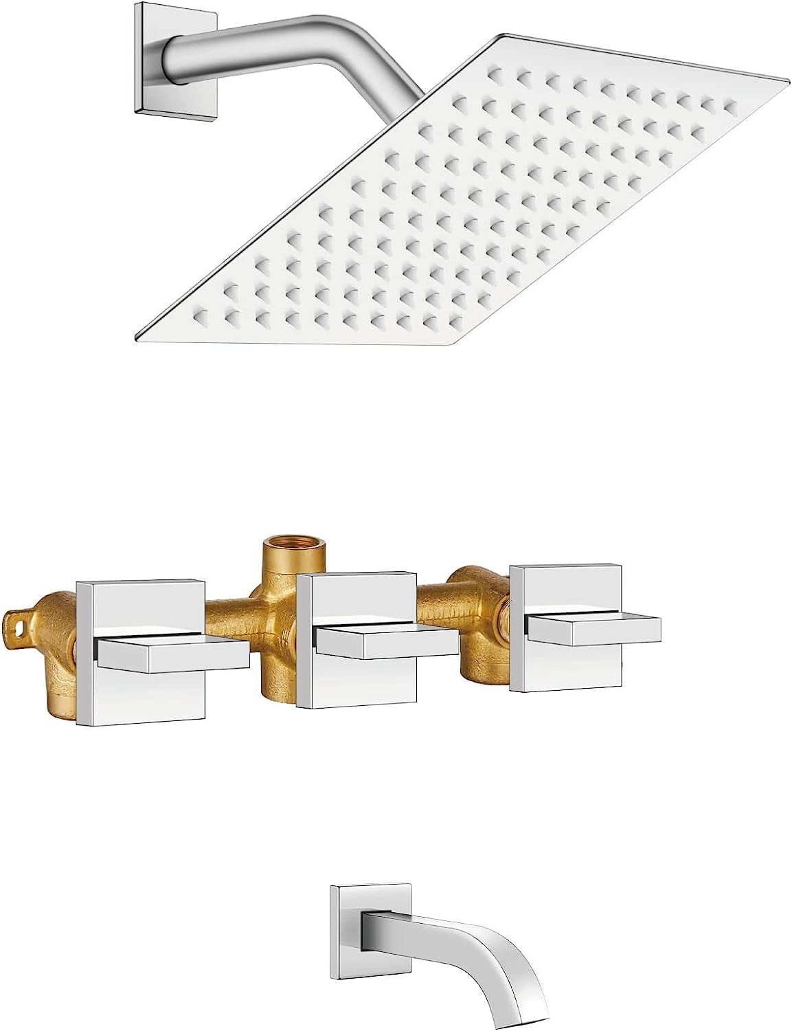 Polish Chrome 3 Handle Bathtub Shower Faucet Set With Tub Spout 8 Inch