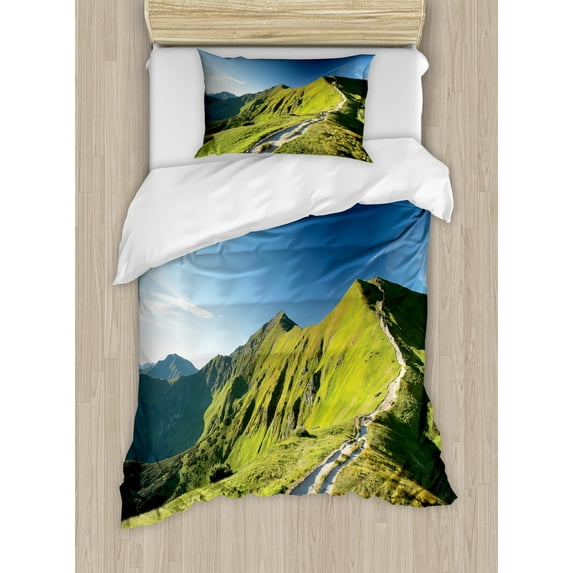 Polish Duvet Cover Set, Peaks in Tatra Mountain Slovak Polish Border, Decorative 2 Piece Bedding Set with 1 Pillow Shams, Twin Size, Azure Blue Olive Green, by Ambesonne