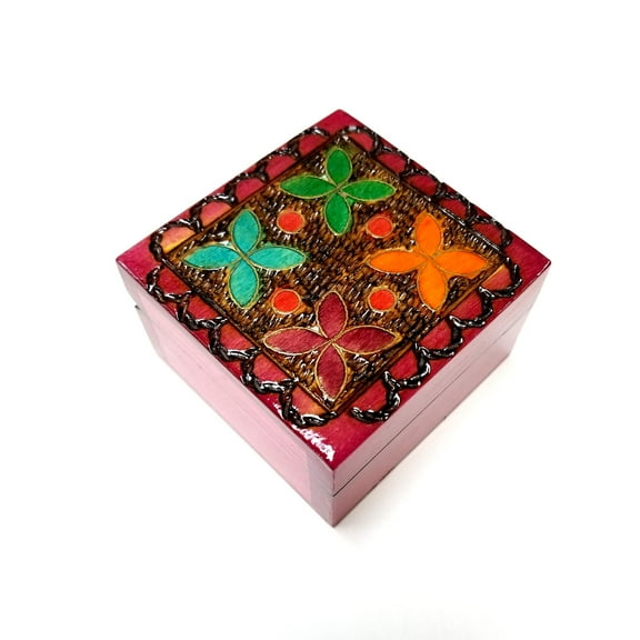 Polish Floral Colorful Wooden Box with Brass Inlays, 3"x3", Pink