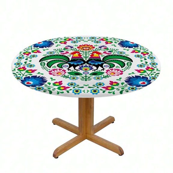 Polish Floral Folk Round Tablecloth Waterproof Oil-Resistant 40-44 Inch