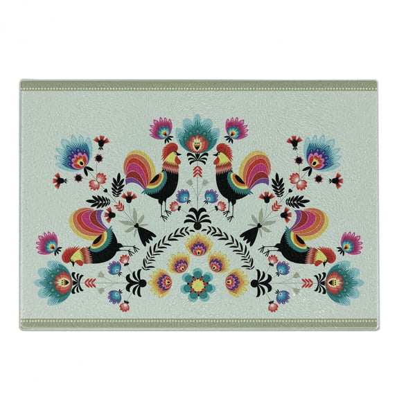 Polish Folk Art Cutting Board, Themed Illustration with Vivid Roosters and Flowers, Decorative Tempered Glass Cutting and Serving Board, in 3 Sizes, by Ambesonne