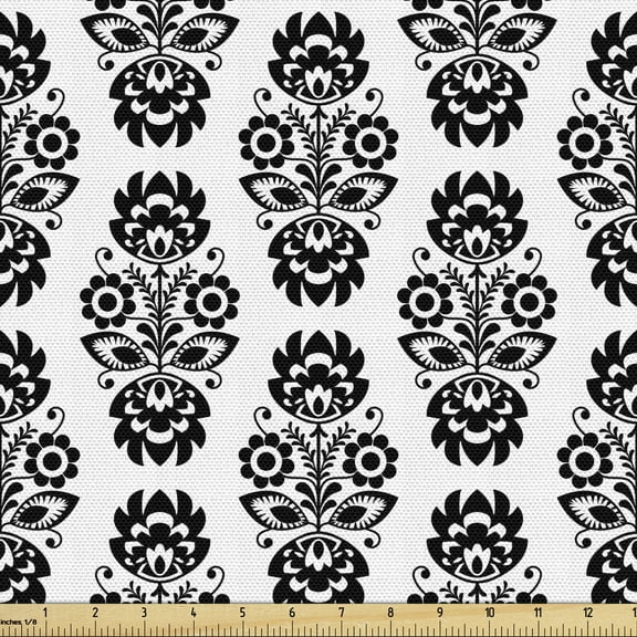 Polish Folk Art Fabric by the Yard, Repetitive Pattern of Monochrome Traditional European Floral Motif, Decorative Upholstery Fabric for Sofas Home Accents, 1 Yard, Charcoal Grey White by Ambesonne