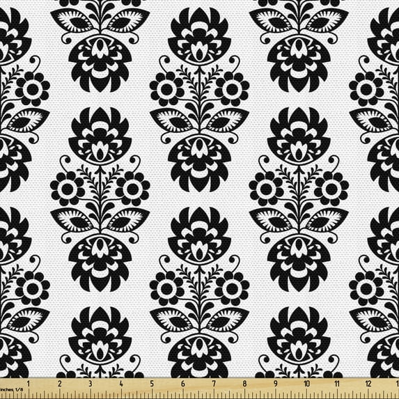 Ambesonne Polish Folk Art Fabric by the Yard Upholstery, European Floral, 5 Yards, Charcoal Grey White