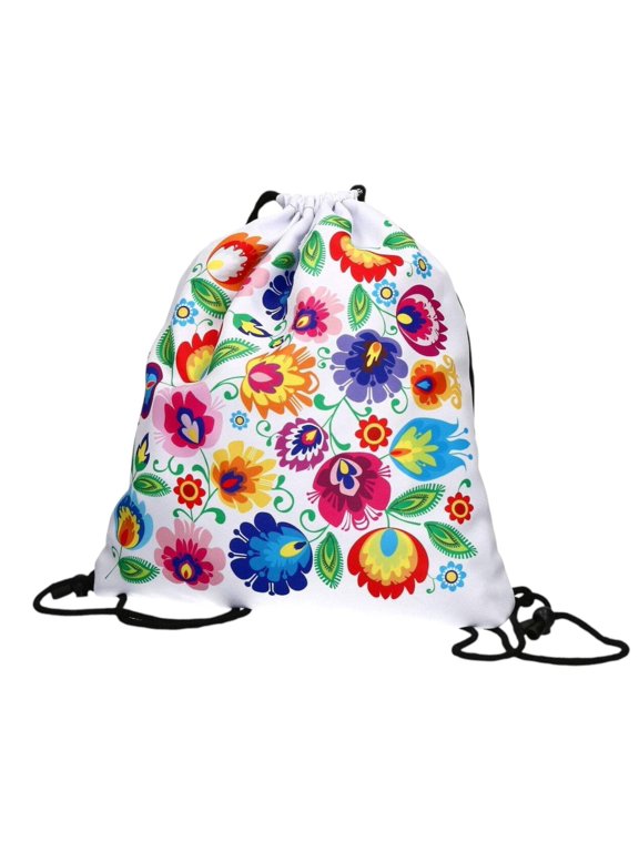 Polish Folk Art Floral Drawstring Sport Backpack, Lowicz White