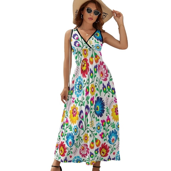 Polish Folk Art Floral Pattern Dress Summer Street Style Bohemia Long Dresses Female Sleeveless Printed Maxi Dress