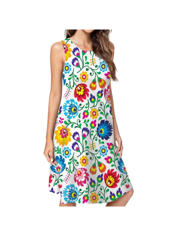 Polish Folk Art Floral Pattern Spring Summer Dresses For Women Fashion Dress Casual Sleeveless Loose Sundress With Pockets